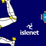 Islenet logo on a blue background with a white segmented limb circle, scattered yellow stars, a small jumping figure, and an eSIM chip icon labeled', 'islenet' text.