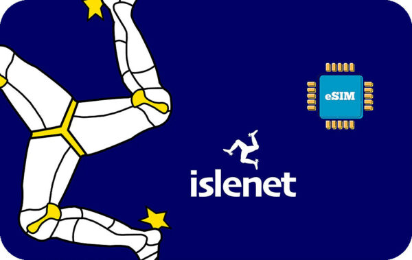 Islenet logo on a blue background with a white segmented limb circle, scattered yellow stars, a small jumping figure, and an eSIM chip icon labeled', 'islenet' text.