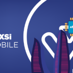 Brand illustration for YAXSi Mobile with an eSIM chip on a blue gradient background and abstract white curves and leaves.