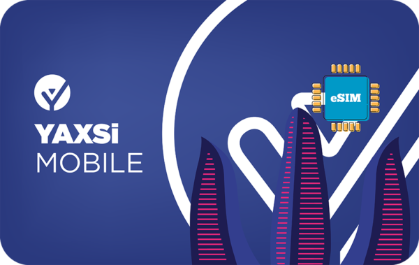 Brand illustration for YAXSi Mobile with an eSIM chip on a blue gradient background and abstract white curves and leaves.