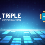 Triple Communications logo with a blue tech background and an eSIM chip icon on the right side, conveying telecom branding and digital connectivity.