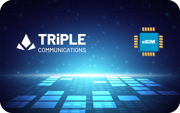 Triple Communications logo with a blue tech background and an eSIM chip icon on the right side, conveying telecom branding and digital connectivity.