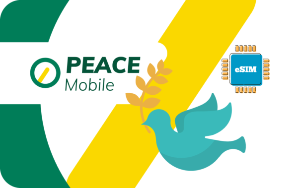 Peace Mobile branding with a teal dove, olive branch, green circular emblem, and eSIM chip on a white background.