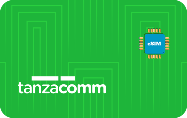 Brand name 'tanzacomm' on a green circuit-pattern background with a blue eSIM chip icon to the right.