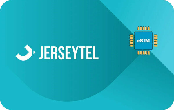 JERSEYTEL branding on teal gradient background with a blue eSIM chip icon labeled 'eSIM' on the right.