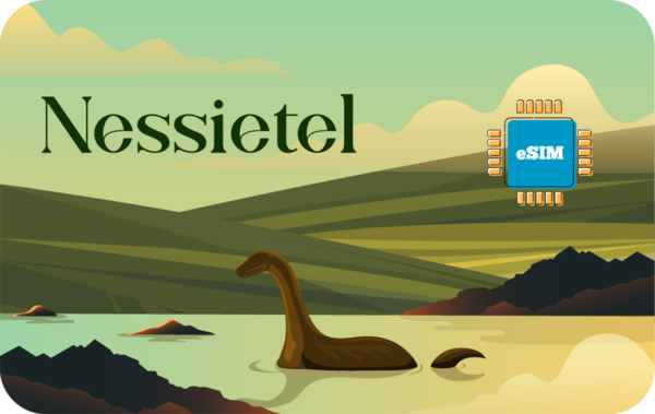 Illustrated landscape banner featuring Nessie and an eSIM chip for Nessietel.