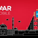 SAAR MOBILE branding with a stylized city skyline and an eSIM chip on a red background.