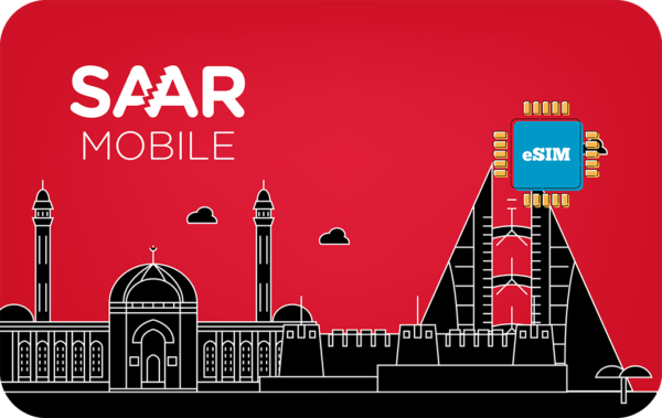 SAAR MOBILE branding with a stylized city skyline and an eSIM chip on a red background.