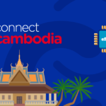 Connect Cambodia branding on a blue background with an eSIM chip and a temple with palm trees.