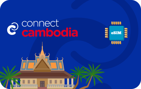 Connect Cambodia branding on a blue background with an eSIM chip and a temple with palm trees.