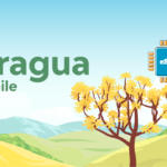 Brand illustration for Aragua Mobile with a green 'Aragua Mobile' text, a yellow flowering tree, rolling hills, and a blue eSIM chip labeled 'eSIM' in the sky.