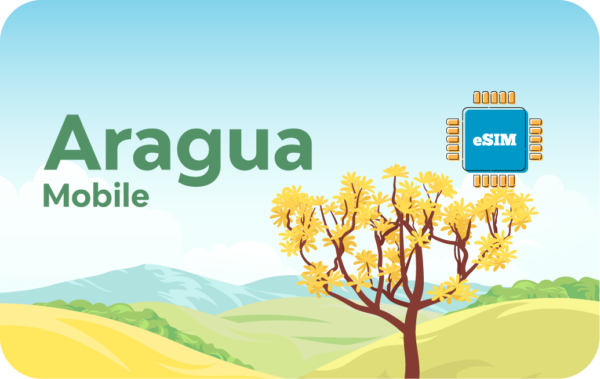 Brand illustration for Aragua Mobile with a green 'Aragua Mobile' text, a yellow flowering tree, rolling hills, and a blue eSIM chip labeled 'eSIM' in the sky.