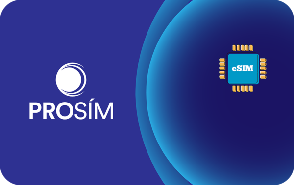 PROSÍM logo on dark blue background with a circular swirl and an eSIM chip on the right.