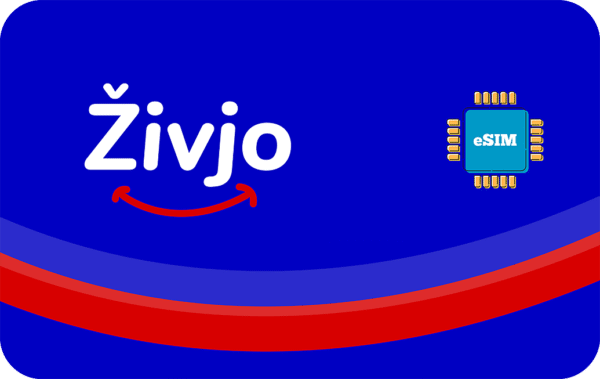 Zivjo logo on a blue background with a red arc and an eSIM chip on the right.
