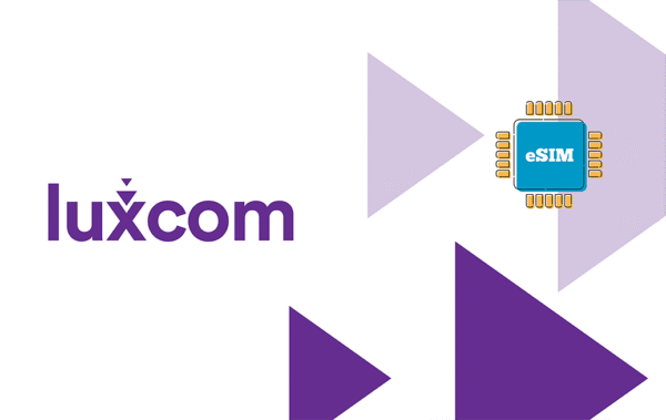 Luxcom branding: purple logo on left with geometric shapes and a blue eSIM chip illustration on the right with lavender triangles in the background.