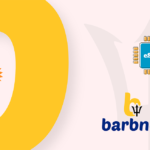 Abstract tech illustration with a large yellow zero containing a sun, an eSIM chip icon to the right, and Barbnet branding on a pale pink background.