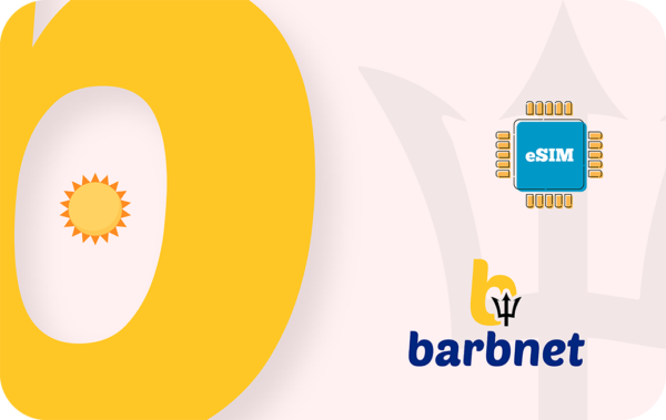 Abstract tech illustration with a large yellow zero containing a sun, an eSIM chip icon to the right, and Barbnet branding on a pale pink background.