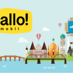 Hallo Mobil logo on a yellow badge above a colorful European cityscape with a blue eSIM chip on the right edge.