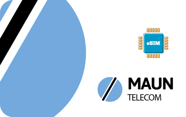 MAUN Telecom logo with blue circular mark and black diagonal stripe, plus an eSIM chip icon on the right side