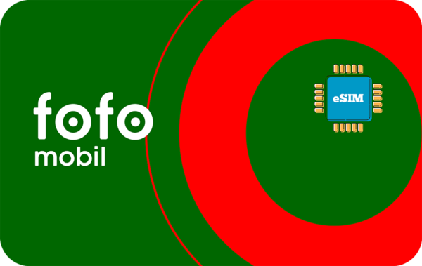 Brand banner showing 'fofo mobil' on a green left side with a red circular motif and an eSIM chip graphic on the right for mobile connectivity.
