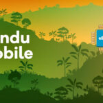 Pundu Mobile logo on a tropical gradient landscape with an blue eSIM chip on the right.