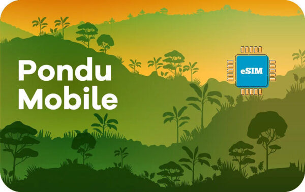Pundu Mobile logo on a tropical gradient landscape with an blue eSIM chip on the right.