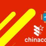Chinacom eSIM product graphic featuring a blue chip labeled 'eSIM' on a red background with yellow diagonal stripes and the Chinacom logo text.