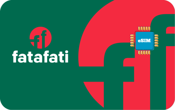 Fatafati logo on a green background with a red graphic and the white word fatafati; a blue esIM microchip appears on the right.