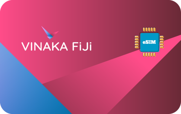 VINAKA FIJI logo on a pink-to-blue gradient with a blue eSIM chip icon to the right.