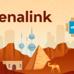 Brand banner with 'Menalink' over a desert scene: pyramids, camel, and distant city skyline; blue eSIM chip icon on the right.