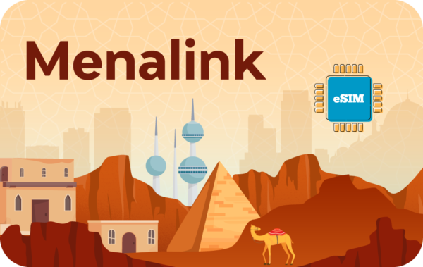 Brand banner with 'Menalink' over a desert scene: pyramids, camel, and distant city skyline; blue eSIM chip icon on the right.
