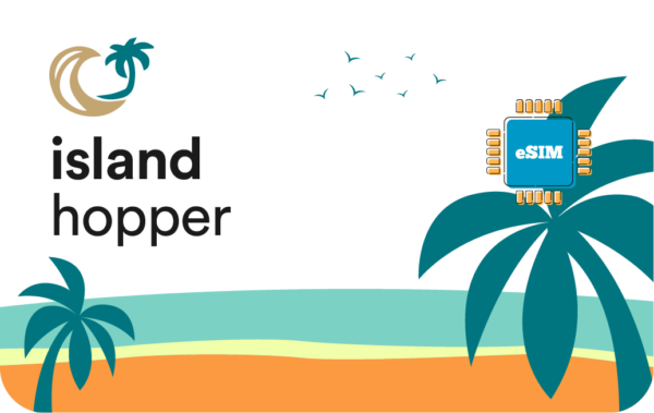 Island Hopper brand banner with palm trees, turquoise waves, and a blue eSIM chip on the right.