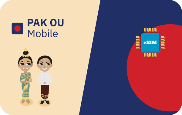 Pak Ou Mobile branding with a smiling couple in traditional attire on a beige background, and an eSIM chip graphic on the right.
