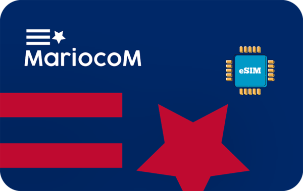 Brand hero: Mariocom logo on a blue background with an eSIM chip illustration, a red star, and two red bars on the left side.