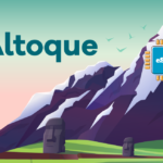 Stylized mountain landscape with the word Altoque, a blue eSIM chip on the peak, and a Chile outline on the left with Moai statues in the foreground.