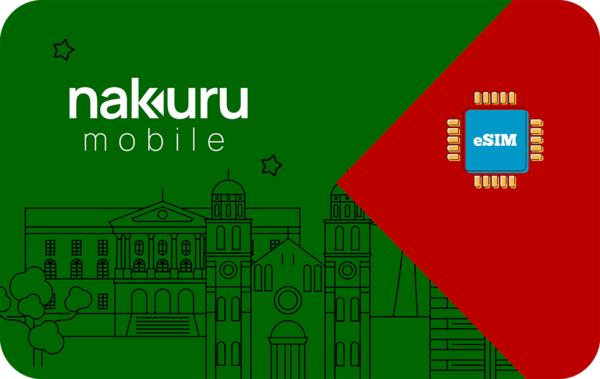 Nakuru Mobile branding on a green background with a red diagonal overlay and a blue eSIM chip icon; a line-art city skyline beneath.