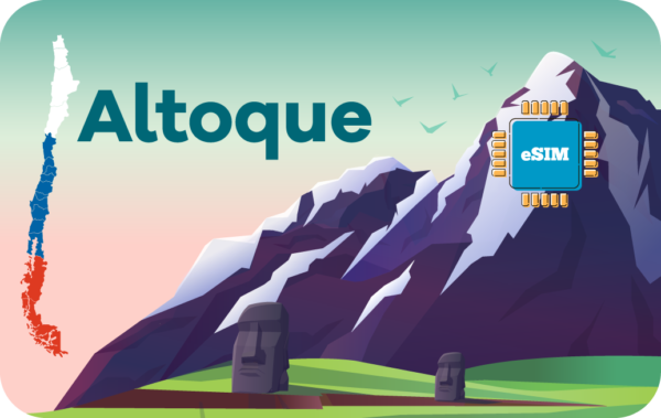 Brand banner for Altoque with a mountain landscape, blue eSIM chip on the peak, and a Chilean flag-style stripe on the left edge.
