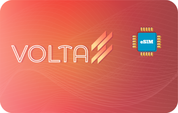 Volta branding: orange gradient background with wavy lines, a stylized Volta mark, and a blue eSIM chip icon with 'eSIM' text on the right