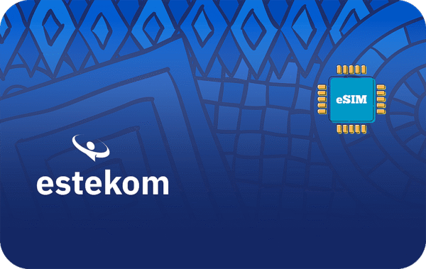 estekom logo on a blue patterned background with a blue eSIM chip on the right side of the image