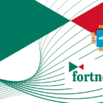 Illustration of a blue eSIM chip with gold pins, green and red abstract shapes, and the Fortinet logo in teal text.