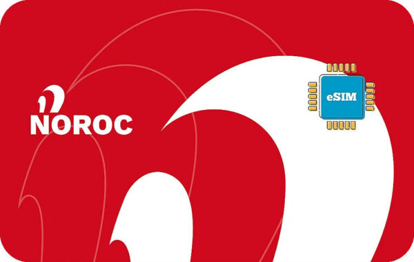NOROC branding on a red background with a large white number 6 form and a blue eSIM chip on the right side.