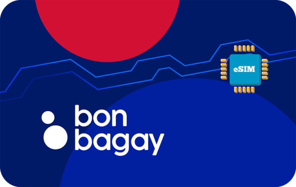Brand illustration showing the Bon Bagay logo on a blue abstract background with a turquoise eSIM chip icon