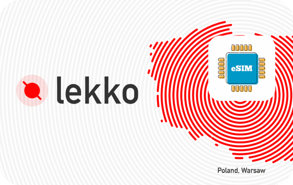 Lekko logo with a red fingerprint motif and a blue eSIM chip, Poland, Warsaw