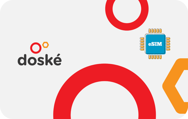 Brand graphic featuring the doské logo with a red circular motif and a blue eSIM chip illustration on a light background.