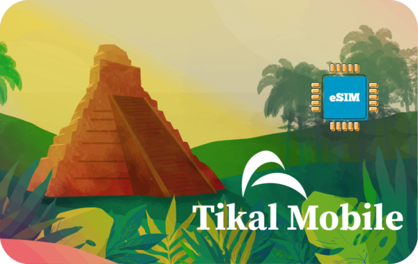 Branding hero: stylized jungle scene with a stepped pyramid and 'Tikal Mobile' text, plus an eSIM chip icon in the corner.