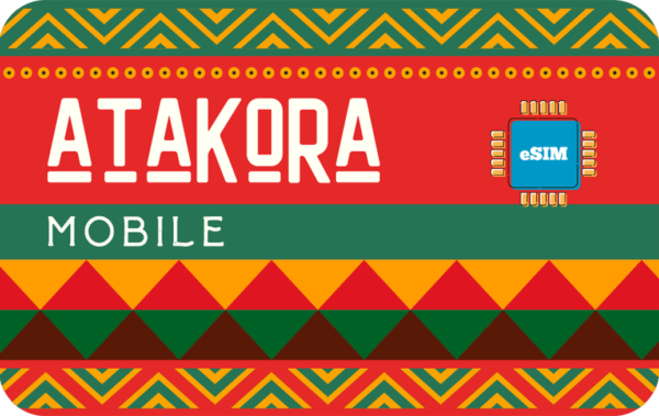 ATAKORA MOBILE branding banner featuring a blue eSIM chip on a red stripe with bold geometric patterns in green, yellow, and red.
