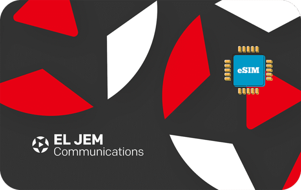 EL JEM Communications branding with an eSIM chip on a dark background and red/white geometric shapes.