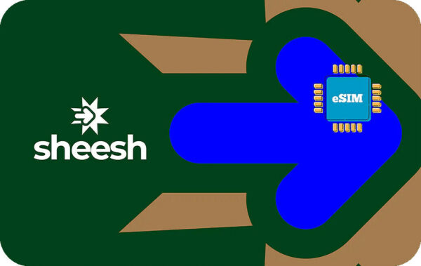 Brand logo 'sheesh' on a dark green background with a blue abstract shape and a small eSIM chip graphic nearby, suggesting a tech product branding.