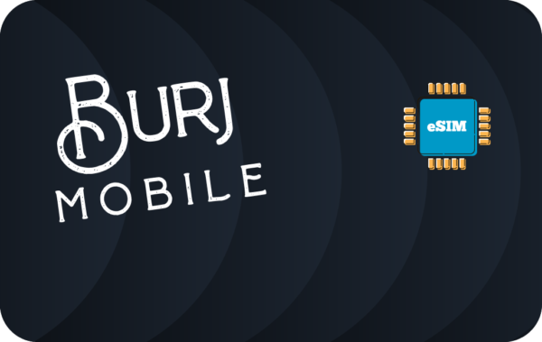 Branding banner: Burj Mobile logo on left and a blue eSIM chip icon on the right against a dark curved background.