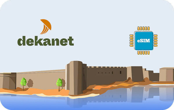Dekanet logo with a blue eSIM chip icon above a stylized fortress overlooking a river.
